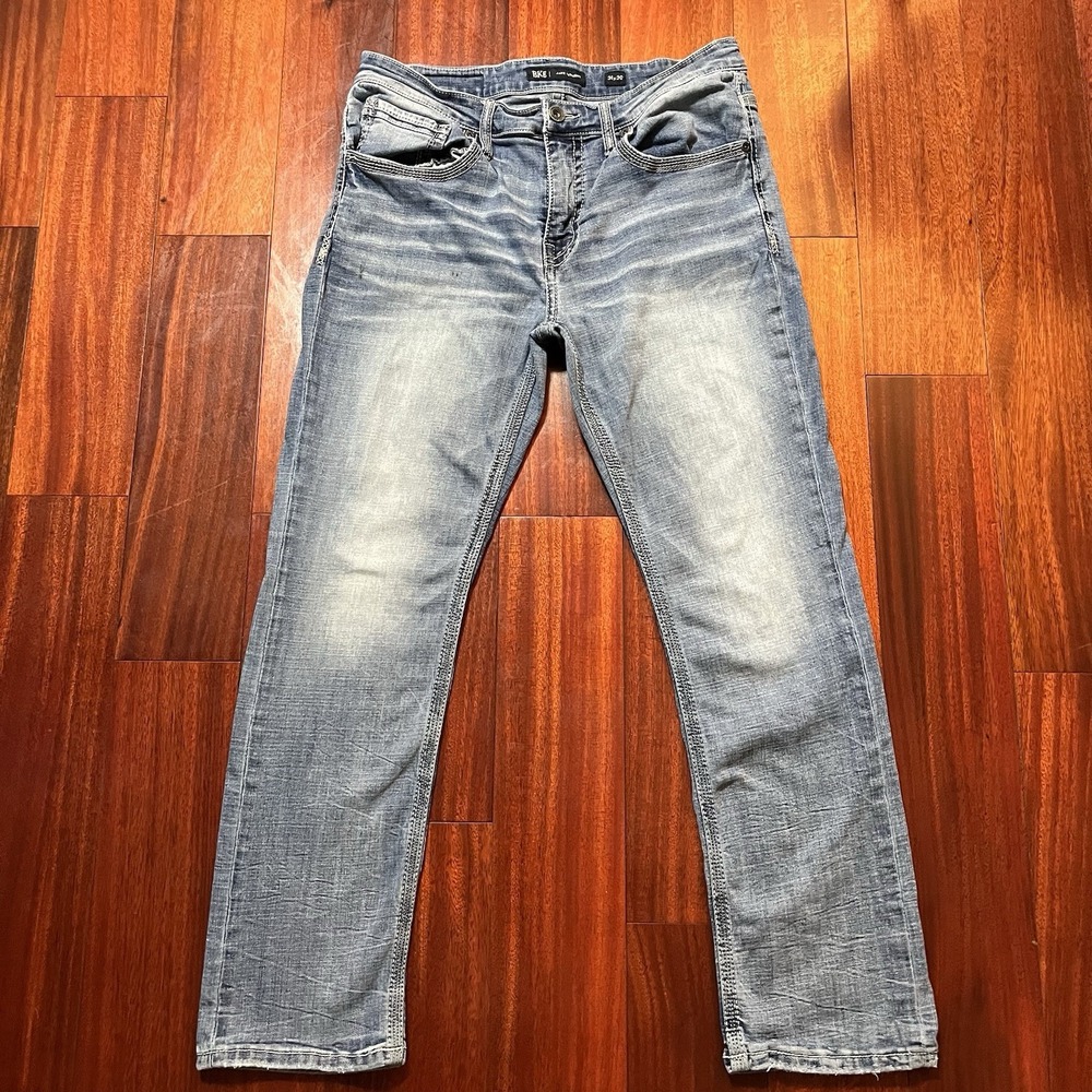 BKE Jeans Mens 35x29 Jake Straight Blue Light Wash Fade Stretch Grunge GBP16235